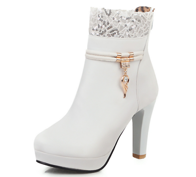 נעלולי פלא מגפיים UK2-8.5 Ladies Ankle Boots Metal Decor Lace High Heel Booties Casual Shoes Sizes