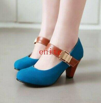 נעלולי פלא נעלי עקב Retro Womens Mary Janes Round Toe Ankle Strap Cuban Heels Shoes Customized Size